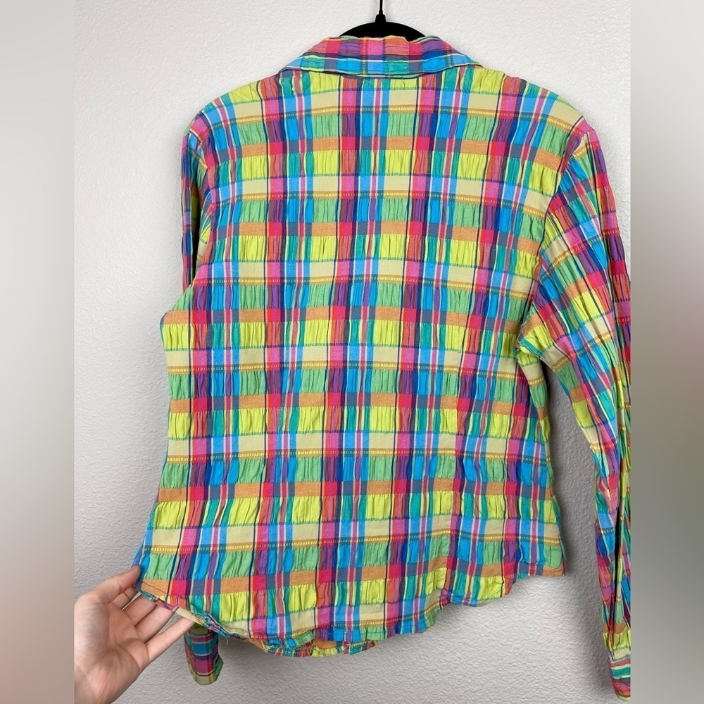 VTG Junior's Medium Roughrider by Circle K Rainbow Plaid Collared Shirt Smocked - Picture 15 of 16